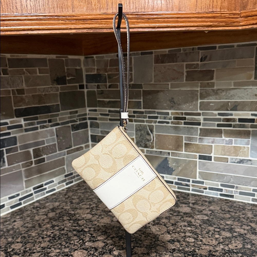 Coach Beige and Cream Signature Canvas Wristlet